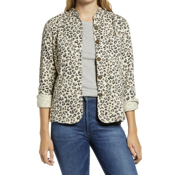 Caslon Leopard Print Utility Jacket Womens S Small Button Front Mandarin Collar - Picture 1 of 12